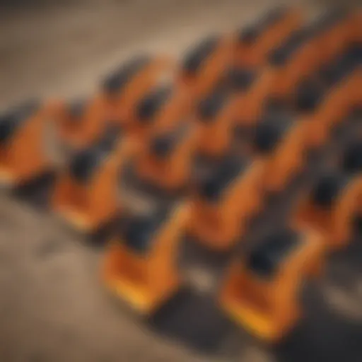 Different mini excavator bucket sizes lined up for comparison