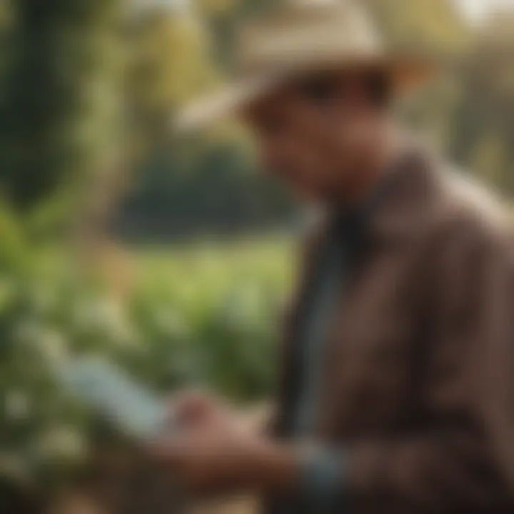 Farmer evaluating financial options on a digital device