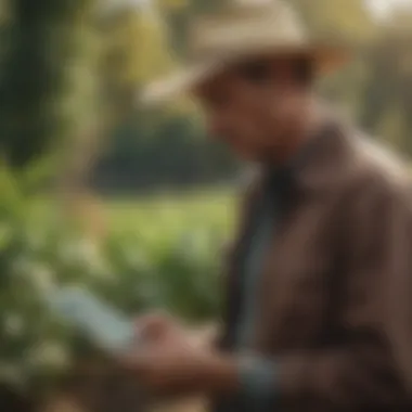 Evaluating Financial Options in Agriculture Farmer evaluating financial options on a digital device