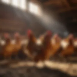 Chickens under warm light in a coop