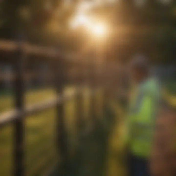 A maintenance professional inspecting a continuous fencing installation.