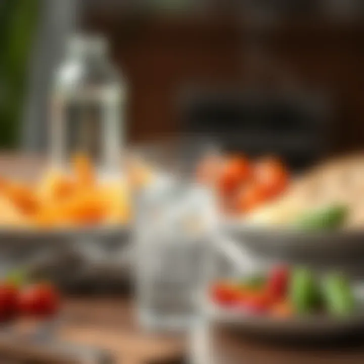 Hydration and Balanced Meals A glass of water beside a balanced meal, symbolizing the importance of hydration in nutrition