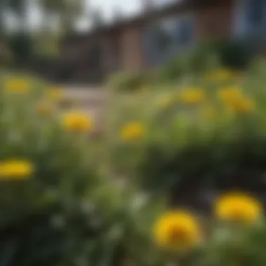 A close-up of dandelion flowers and leaves in a residential yard