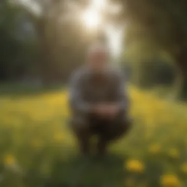 A gardener implementing eco-friendly dandelion management techniques