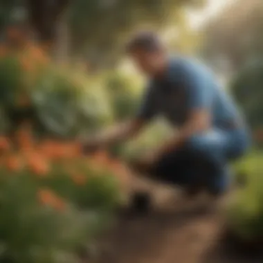 A gardener applying liquid bloom fertilizer to blooming plants