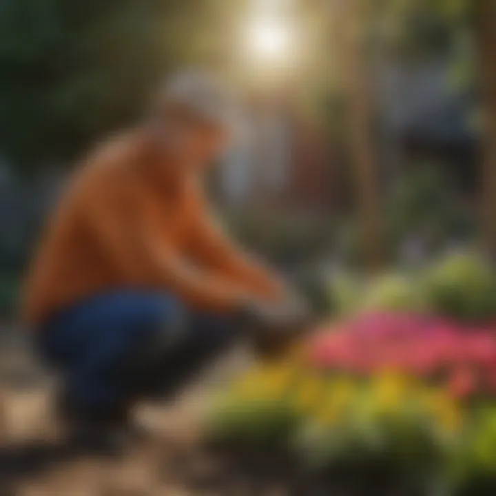 A gardener using a heavy duty bulb planter in a vibrant flower bed