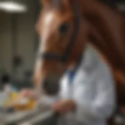 A horse receiving medication from a veterinarian
