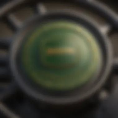 Intricate Design of John Deere Steering Wheel Center Cap Close-up view of a John Deere steering wheel center cap showcasing its intricate design.