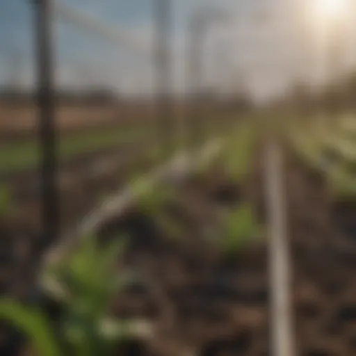 Detailed view of microdrip tubing layout in a farm