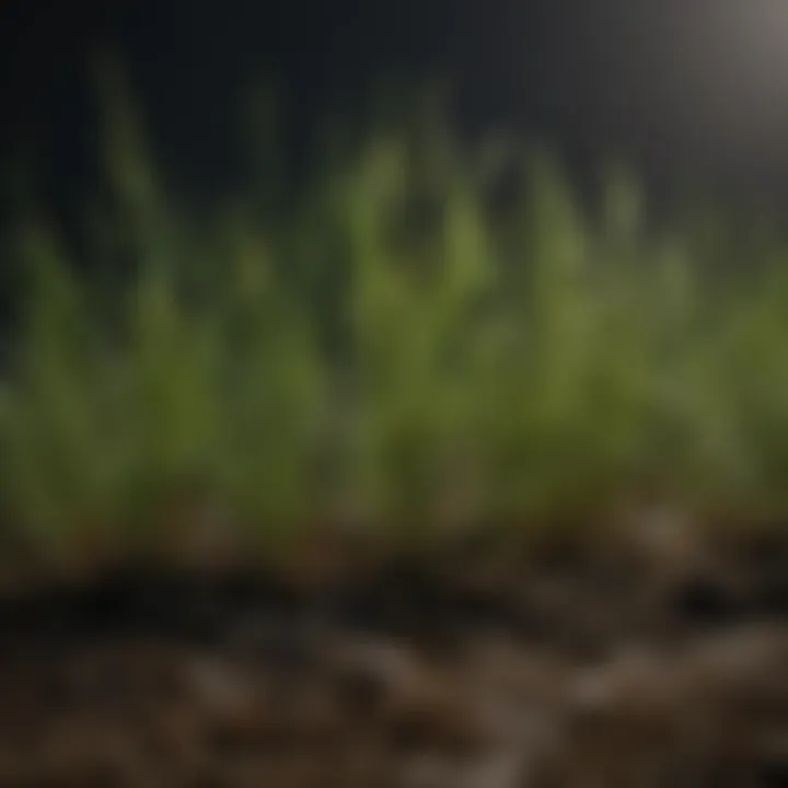 Close-up of healthy grass roots adapting to low-light conditions