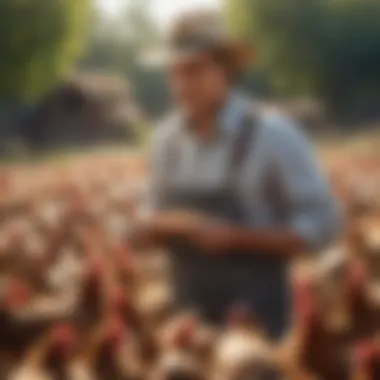 Farmers engaging in sustainable poultry practices on a sunny day