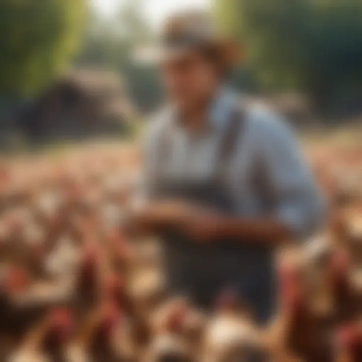 Farmers engaging in sustainable poultry practices on a sunny day