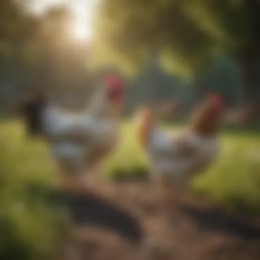 Vibrant pasture with free-range chickens exploring their environment