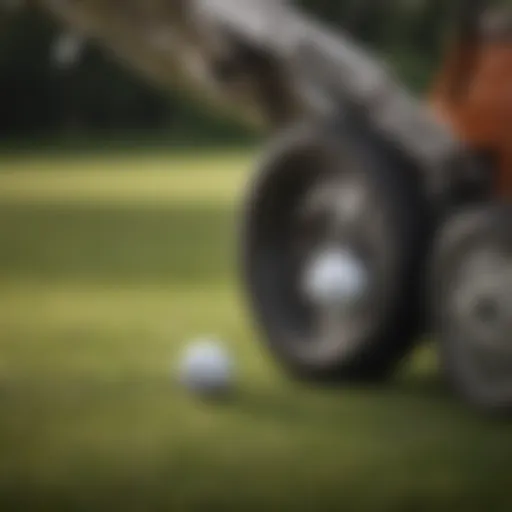 Detailed view of a pull behind golf ball picker in action