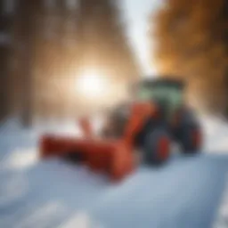 A snow thrower tractor clearing a snowy path