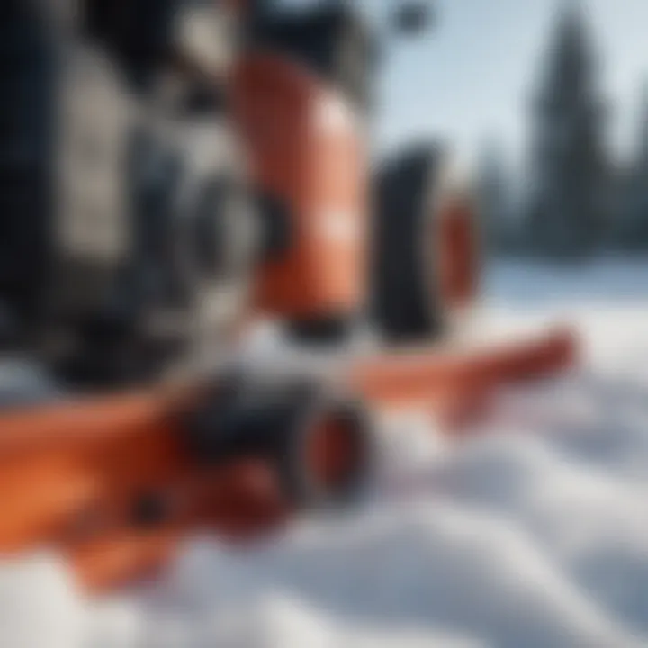 Close-up of a snow thrower tractor's mechanism in action