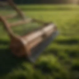 A pristine ballfield rake on a lush green field, showcasing its design