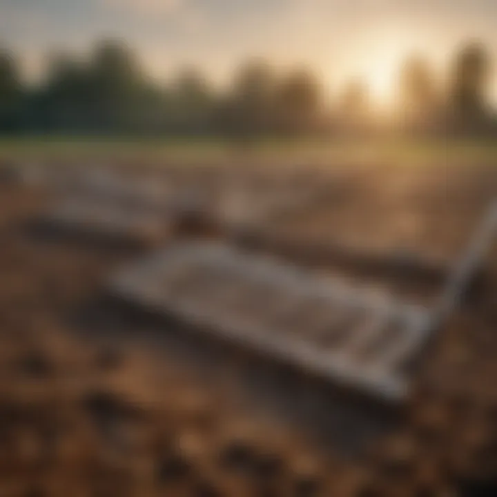 Diverse types of ballfield rakes lined up for comparison in an agricultural setting