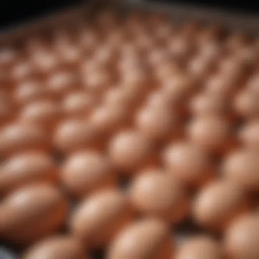 Close-up view of chicken eggs in an incubator