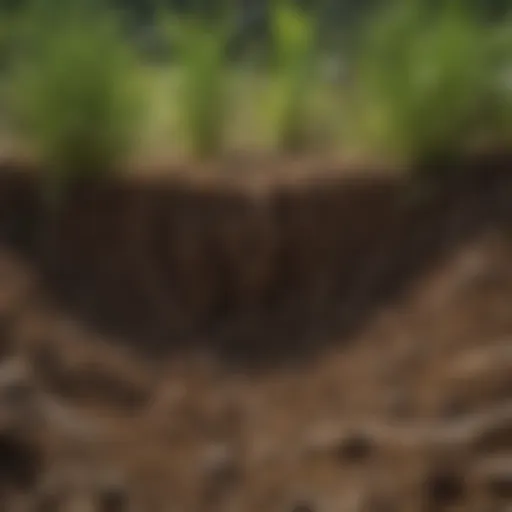 Close-up view of healthy grass roots intertwined with rich soil