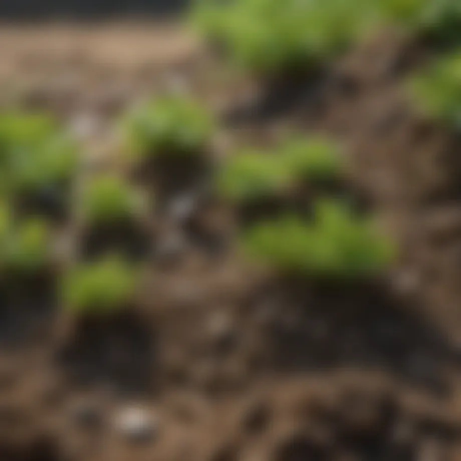 Close-up of green grubs in soil