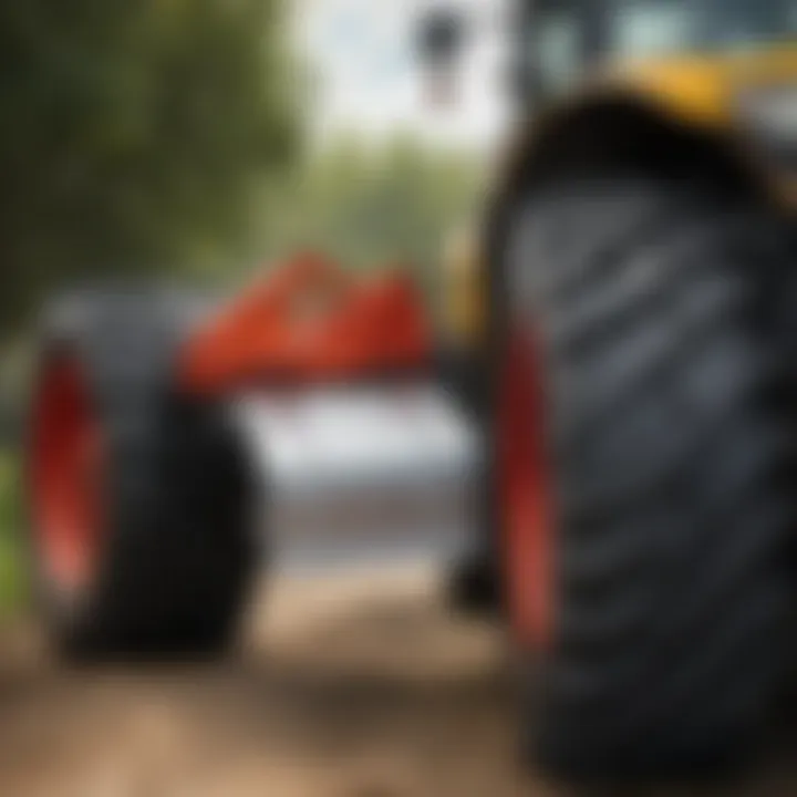 A detailed view of a rear scoop attached to a modern tractor showcasing its robust design.