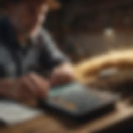 A farmer using a calculator to determine loan payments