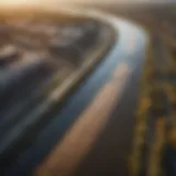 A polluted river flowing through an industrial area