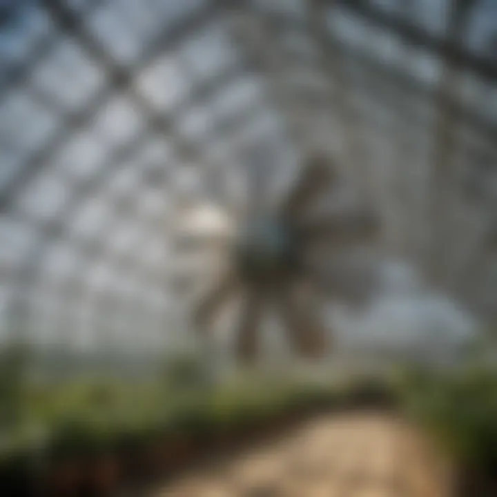 Close-up view of a wind master fan in a greenhouse setting highlighting its innovative design.