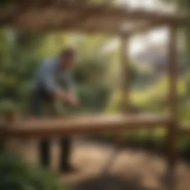 A gardener applying an insecticide to a wooden garden structure.