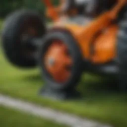 A close-up view of the cutting deck mechanism of a zero turn lawn mower showcasing its intricate design.