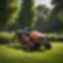 Riding lawn mower equipped with a cart in a lush garden setting