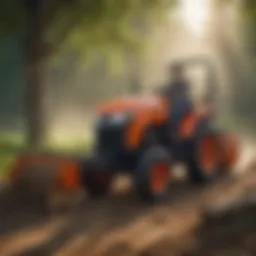 A compact tractor equipped with a stump planer in action clearing land