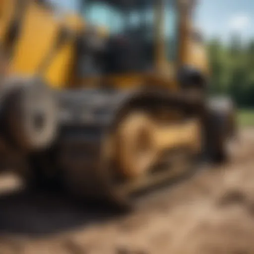 Close-up view of a used trencher attached to a skid steer