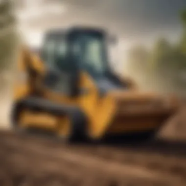 Skid steer operating a trencher in a landscaping project