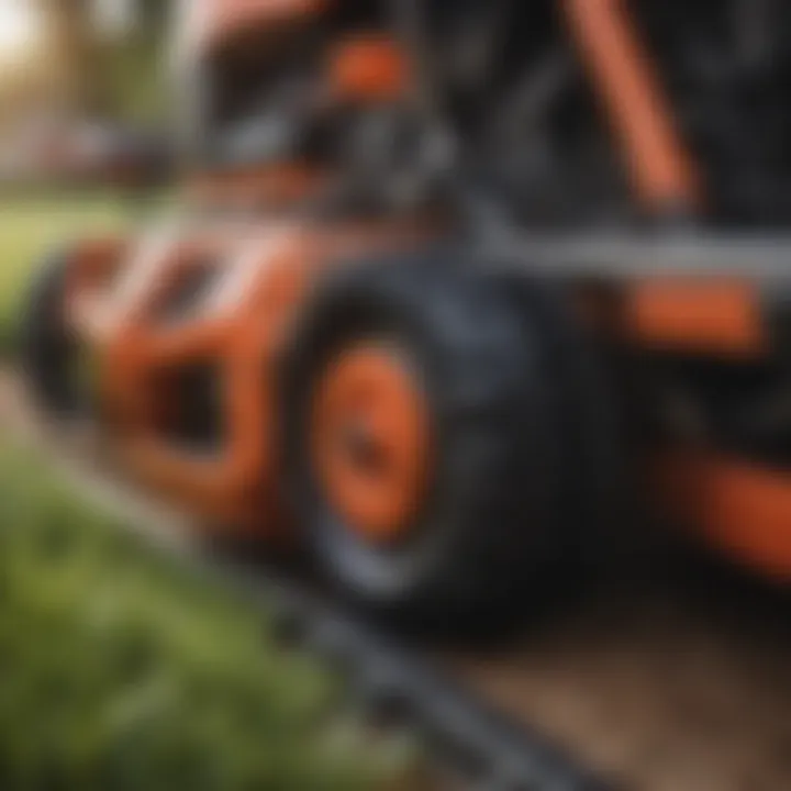 Close-up of the cutting mechanism of a walk-behind mower, showcasing its precision.