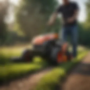 An operator adjusting settings on a walk-behind mower, demonstrating ease of use.
