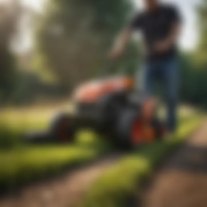 An operator adjusting settings on a walk-behind mower, demonstrating ease of use.