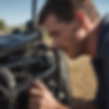 A close-up of a farmer evaluating machinery features