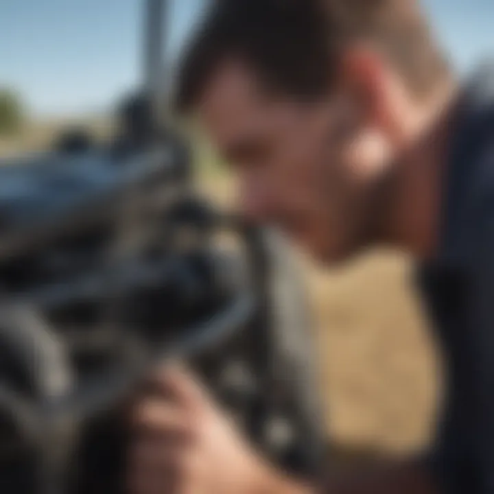 A close-up of a farmer evaluating machinery features