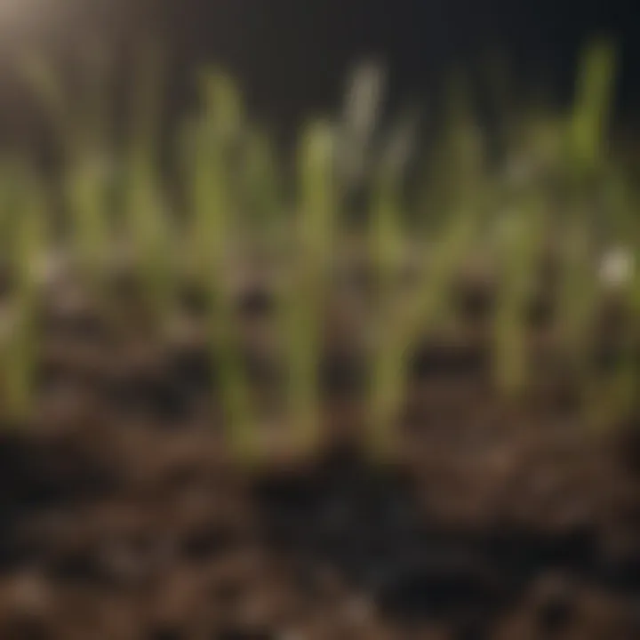 Close-up of germinating grass seeds in soil