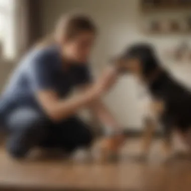 Pet owner administering dewormer to a dog