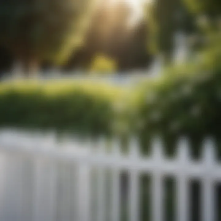 Close-up of a white roll fence in a lush garden