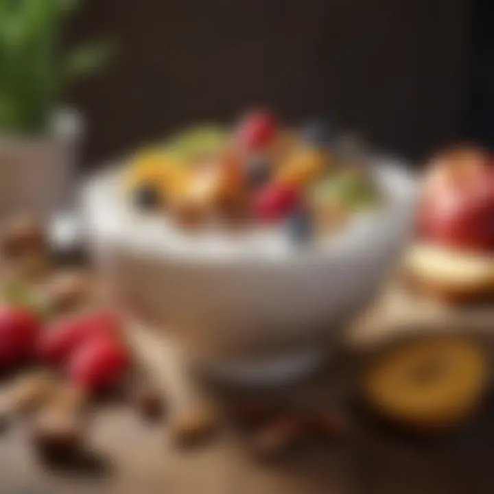 A bowl of yogurt topped with fresh fruits and nuts, showcasing its nutritional value.