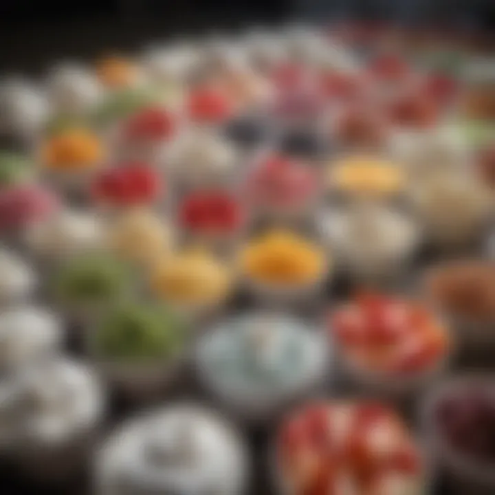 A vibrant farmer's market display with various types of yogurt products.