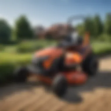 A zero turn trimmer attachment working alongside landscaping equipment
